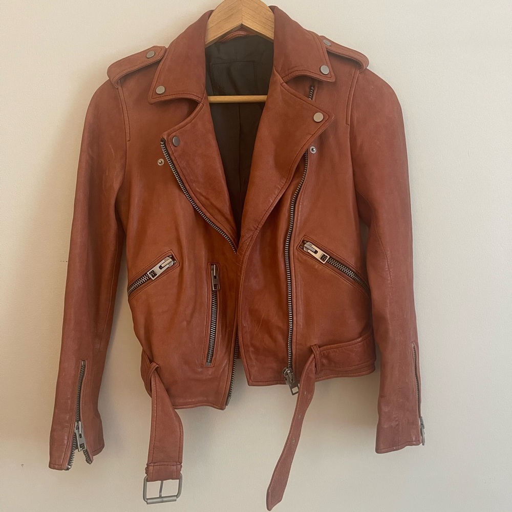 AllSaints Rust Brown Leather Biker Jacket